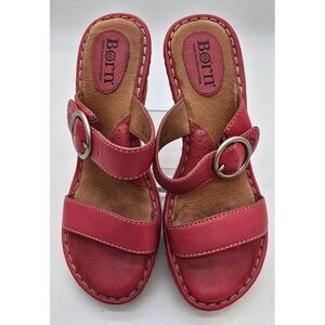 Born Womens Red Leather Strappy Wedge Sandals With Braided Espadrille Heel & Adj